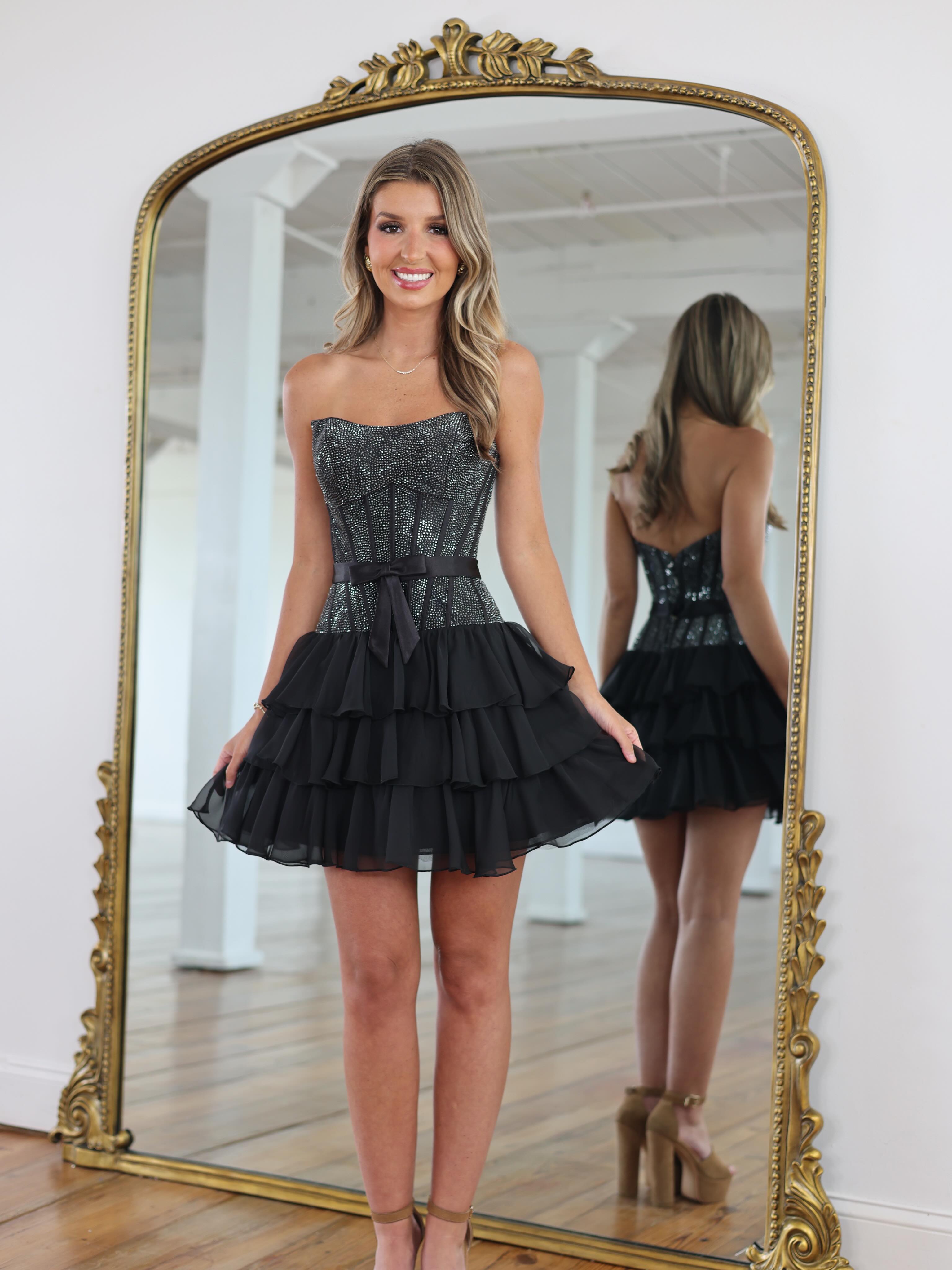 Strapless Sweetheart Rhinestone Corset Homecoming Dress Satin Bow Tiered Ruffle Chiffon Mini