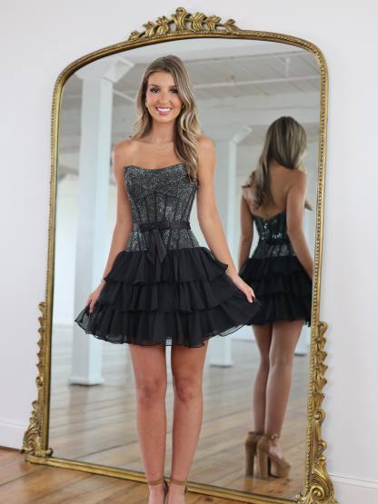 Strapless Sweetheart Rhinestone Corset Homecoming Dress Satin Bow Tiered Ruffle Chiffon Mini