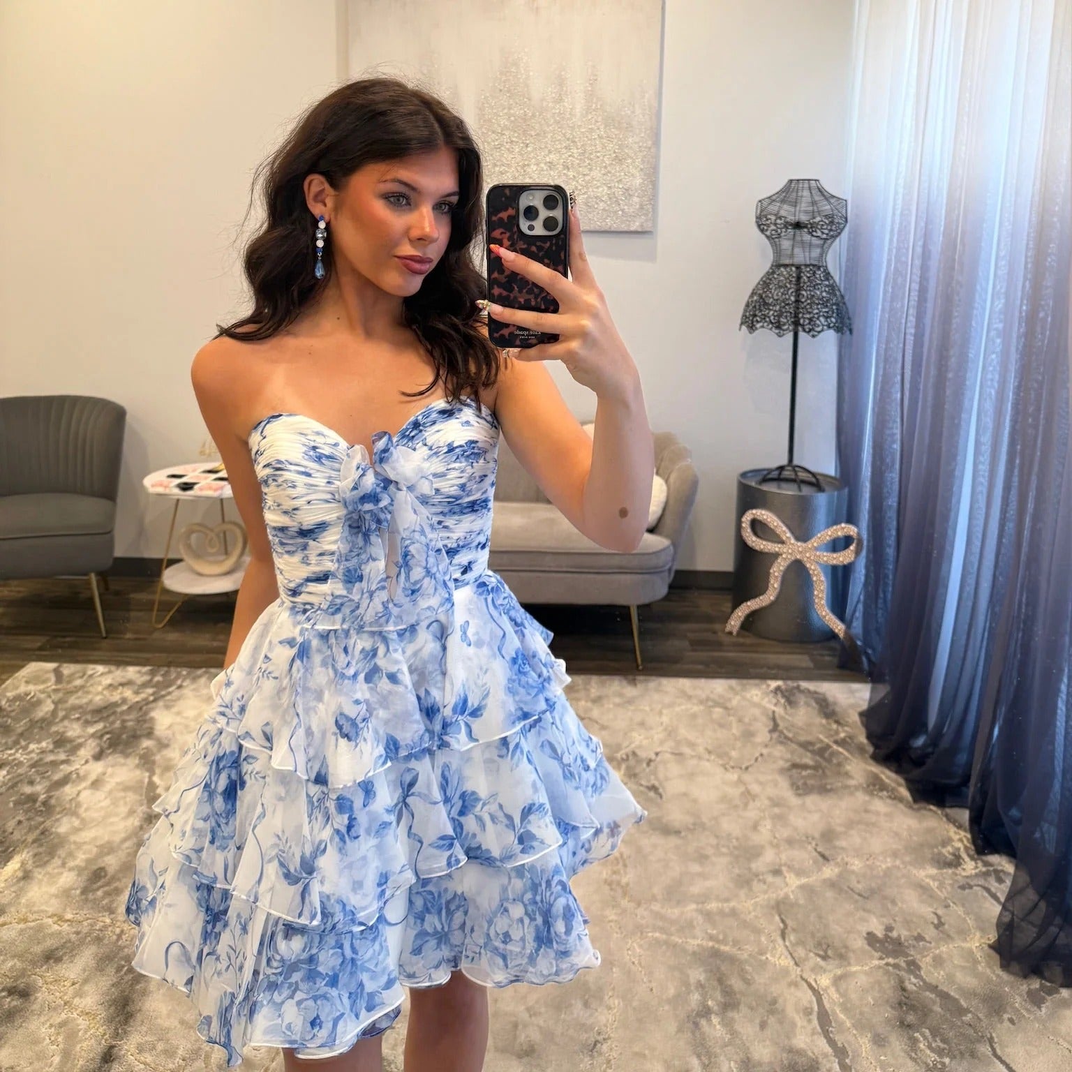 Strapless Sweetheart Ruched Floral Chiffon Homecoming Dress Bow Waist Tiered Ruffle Mini