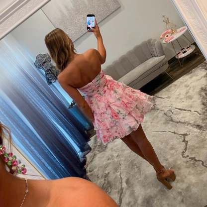 Strapless Sweetheart Ruched Floral Chiffon Homecoming Dress Bow Waist Tiered Ruffle Mini