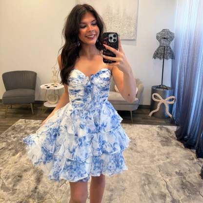 Strapless Sweetheart Ruched Floral Chiffon Homecoming Dress Bow Waist Tiered Ruffle Mini
