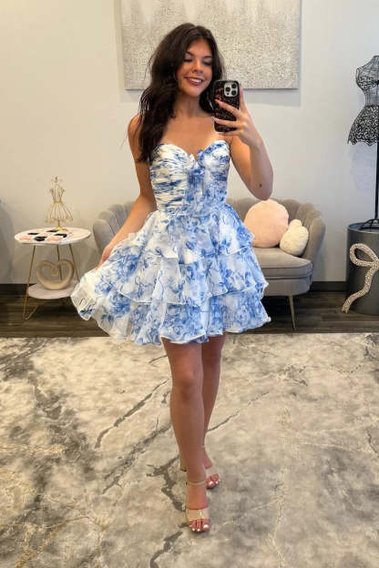 Strapless Sweetheart Ruched Floral Chiffon Homecoming Dress Bow Waist Tiered Ruffle Mini
