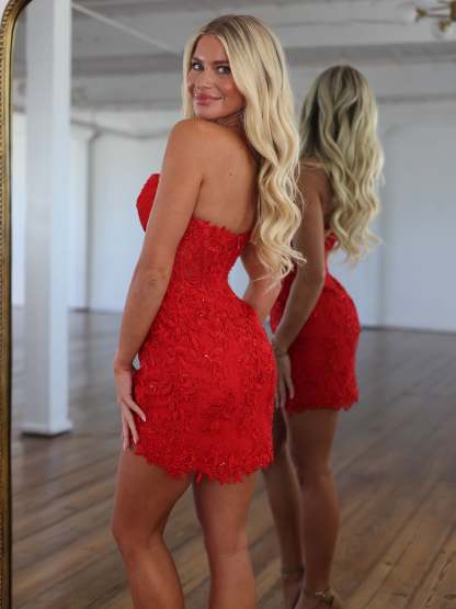 Strapless Sweetheart Ruched Sheer Boned Corset Homecoming Dress 3D Floral Lace Appliqué Bodycon Open Back Mini