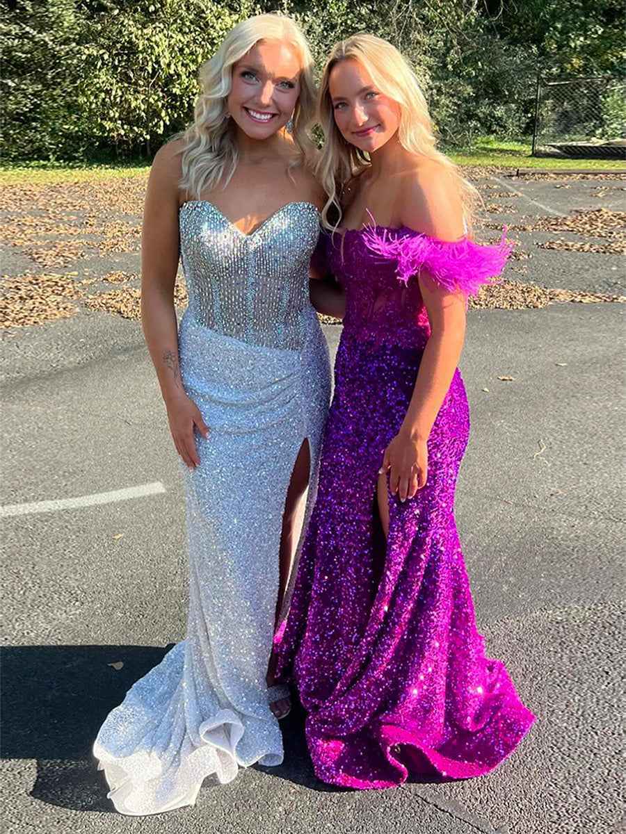 Strapless Sweetheart Sequins Bodycon Long Prom Dress with Beading