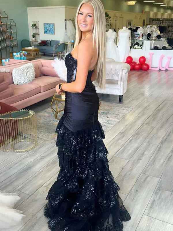 Red Mermaid Strapless Long Satin Prom Dress with Tiered Ruffle Skirt