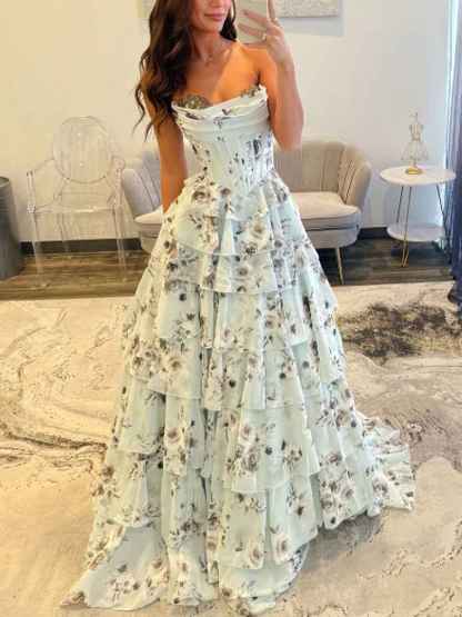 Strapless A-Line Floral Sweetheart Rhinestone Long Prom Dress