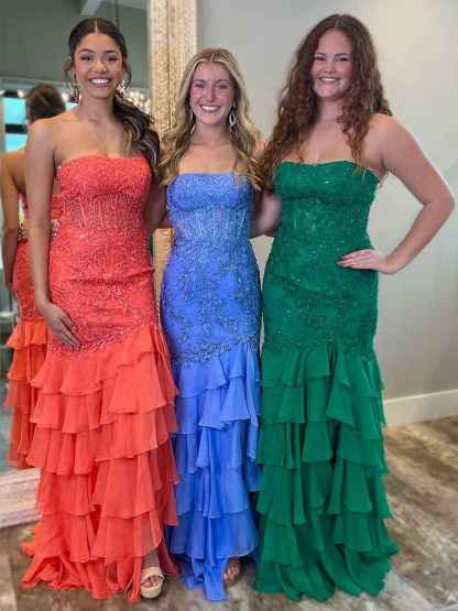 Strapless Applique Ruffle Mermaid Long Prom Dress with Slit