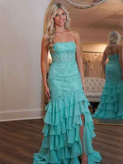 Strapless Applique Ruffle Mermaid Long Prom Dress with Slit