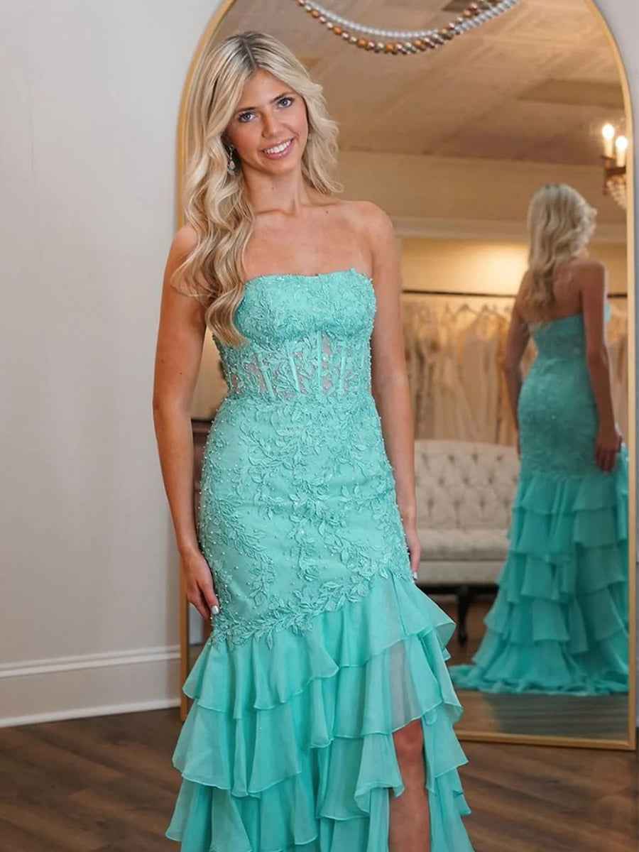 Strapless Applique Ruffle Mermaid Long Prom Dress with Slit