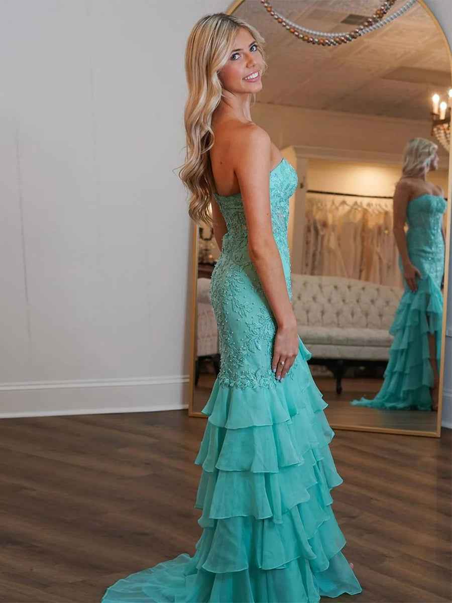 Strapless Applique Ruffle Mermaid Long Prom Dress with Slit