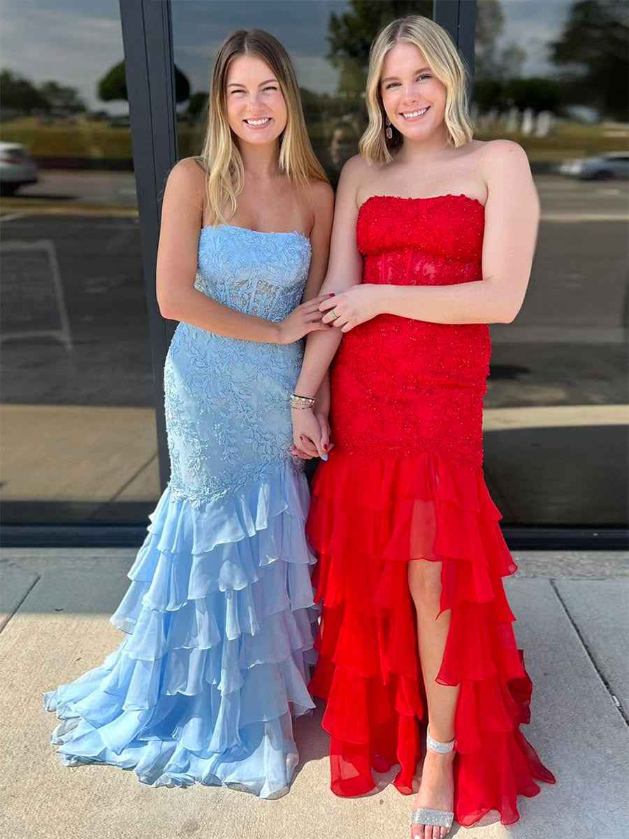 Strapless Applique Ruffle Mermaid Long Prom Dress with Slit