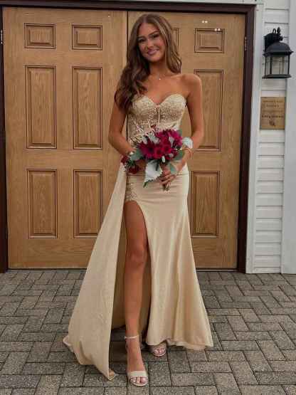 Strapless Beaded Corset Bodice Long Prom Dress with Slit