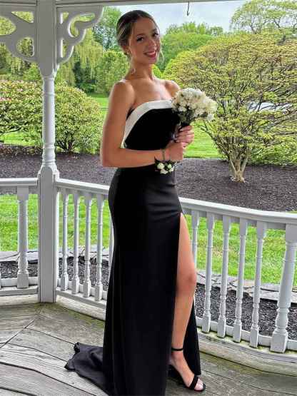 Strapless Black Mermaid Long Prom Dress with Slit