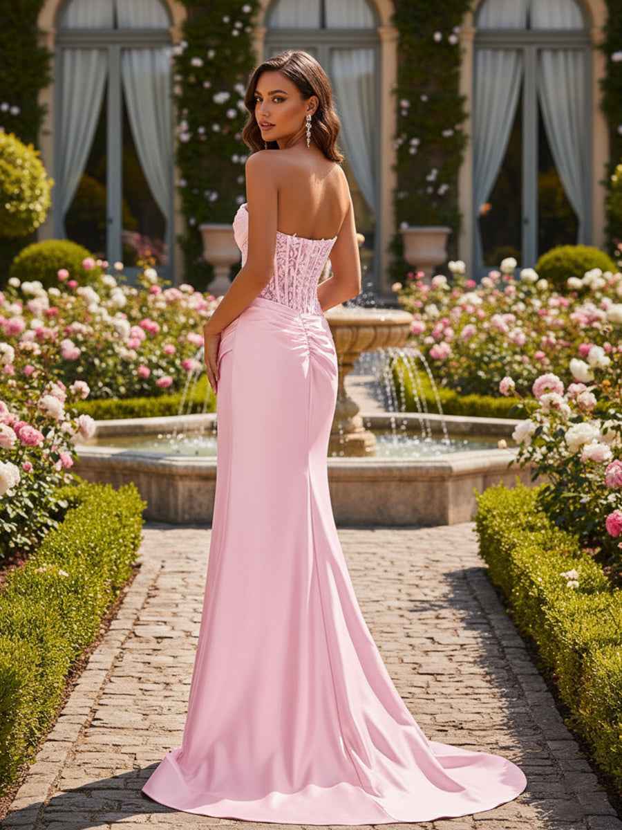Strapless Bodycon Scoop Neck Satin Long Prom Dress with Slit