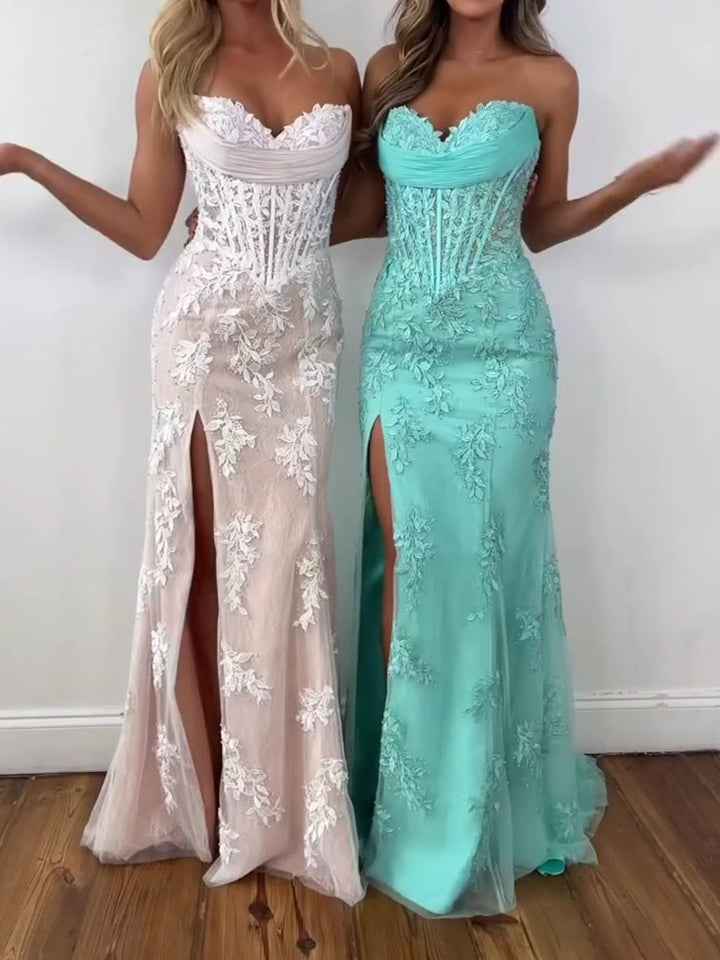 Strapless Corset Lace Floral Prom Dress with Thigh-High Slit