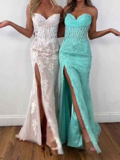 Strapless Corset Lace Floral Prom Dress with Thigh-High Slit