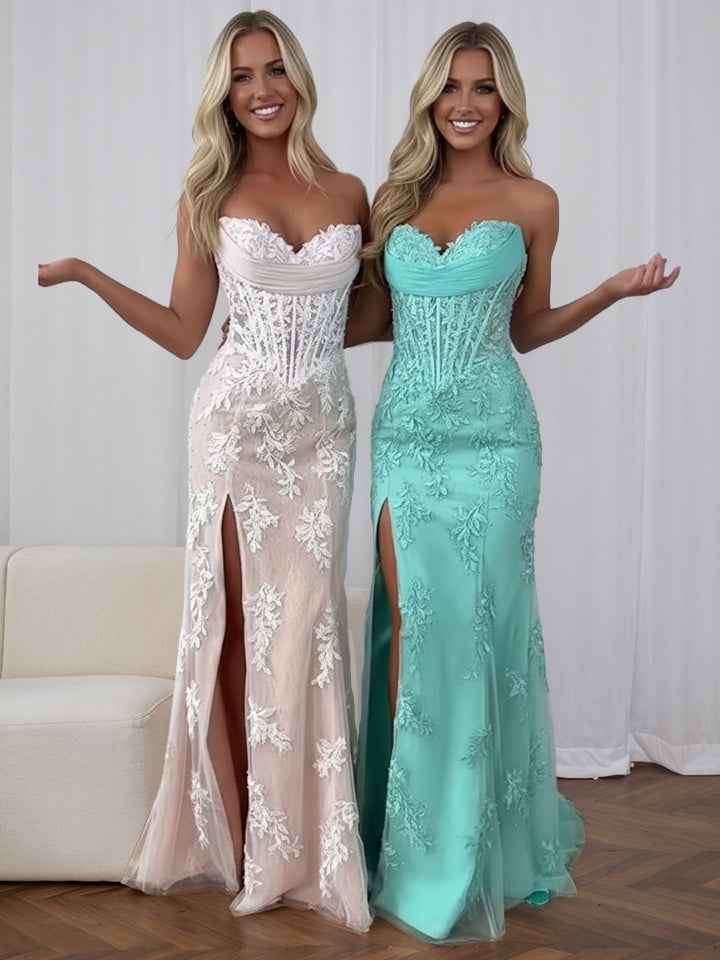 Strapless Corset Lace Prom Dress with Thigh-High Slit