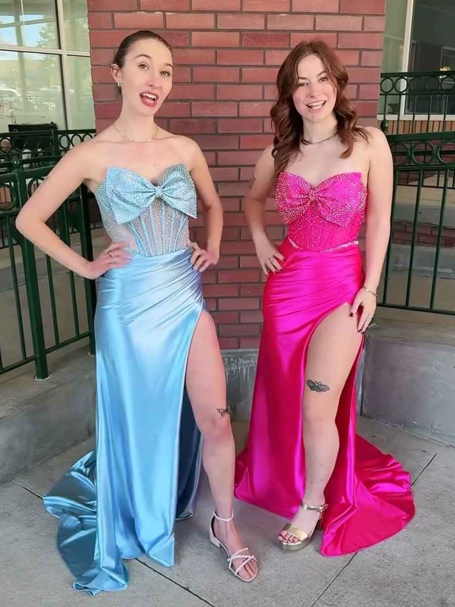 Strapless Crystal Bow Bodice Satin Porm Dress with High Slit