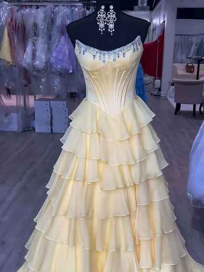Strapless Crystal NecklineTiered Ruffle Satin Corset Prom Dress