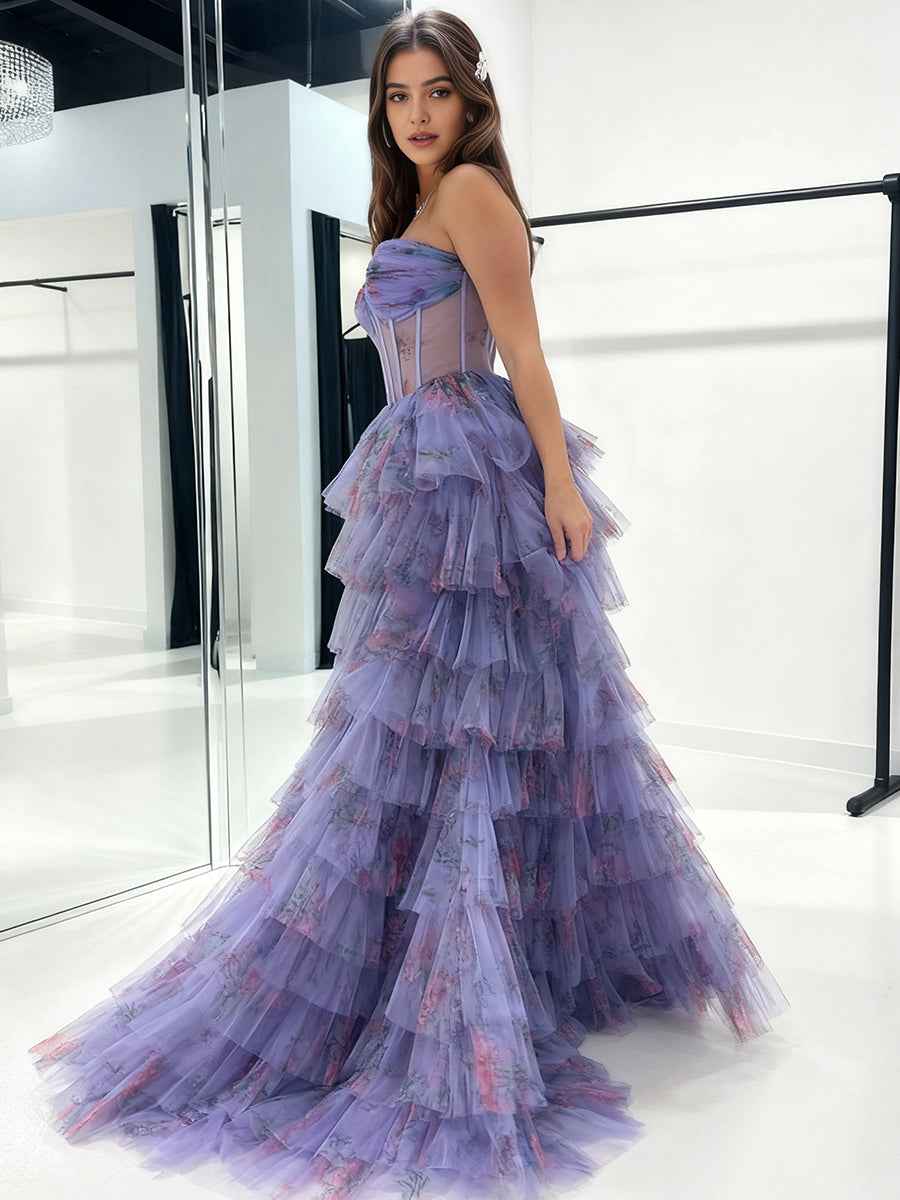 Strapless Floral Print Tiered Ruffles Corset Prom Dress with Slit