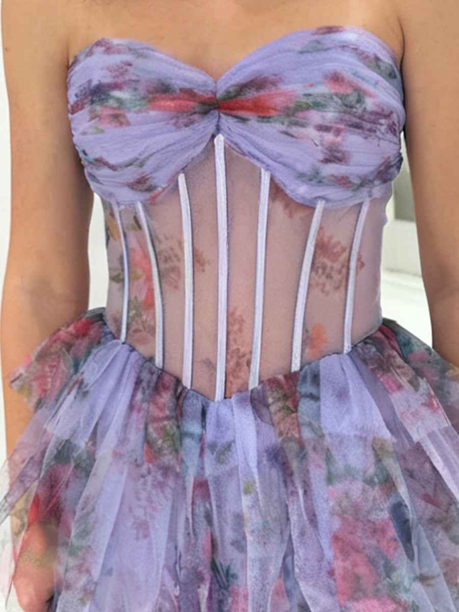 Strapless Floral Print Tiered Ruffles Corset Prom Dress with Slit