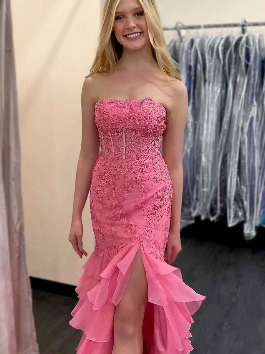 Strapless Applique Ruffle Mermaid Long Prom Dress with Slit