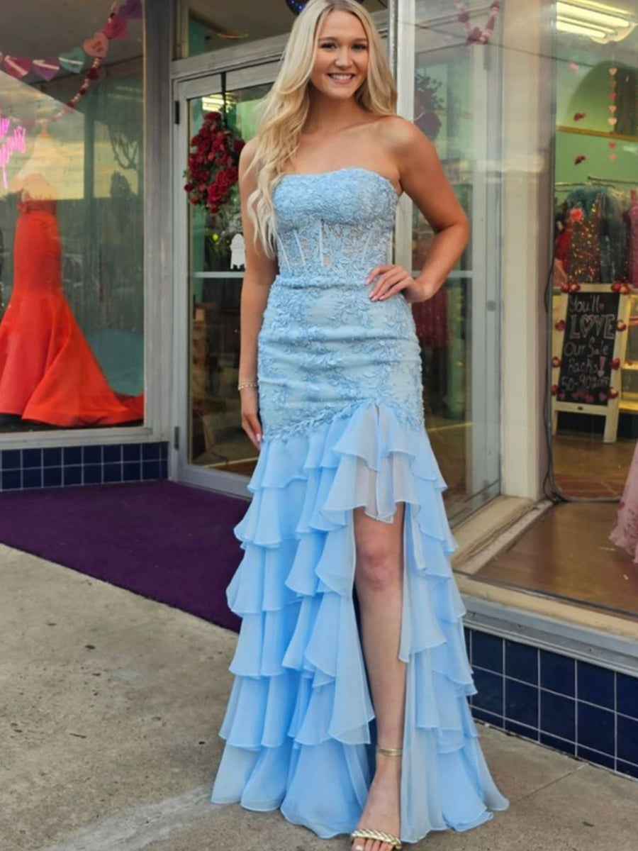 Strapless Applique Ruffle Mermaid Long Prom Dress with Slit