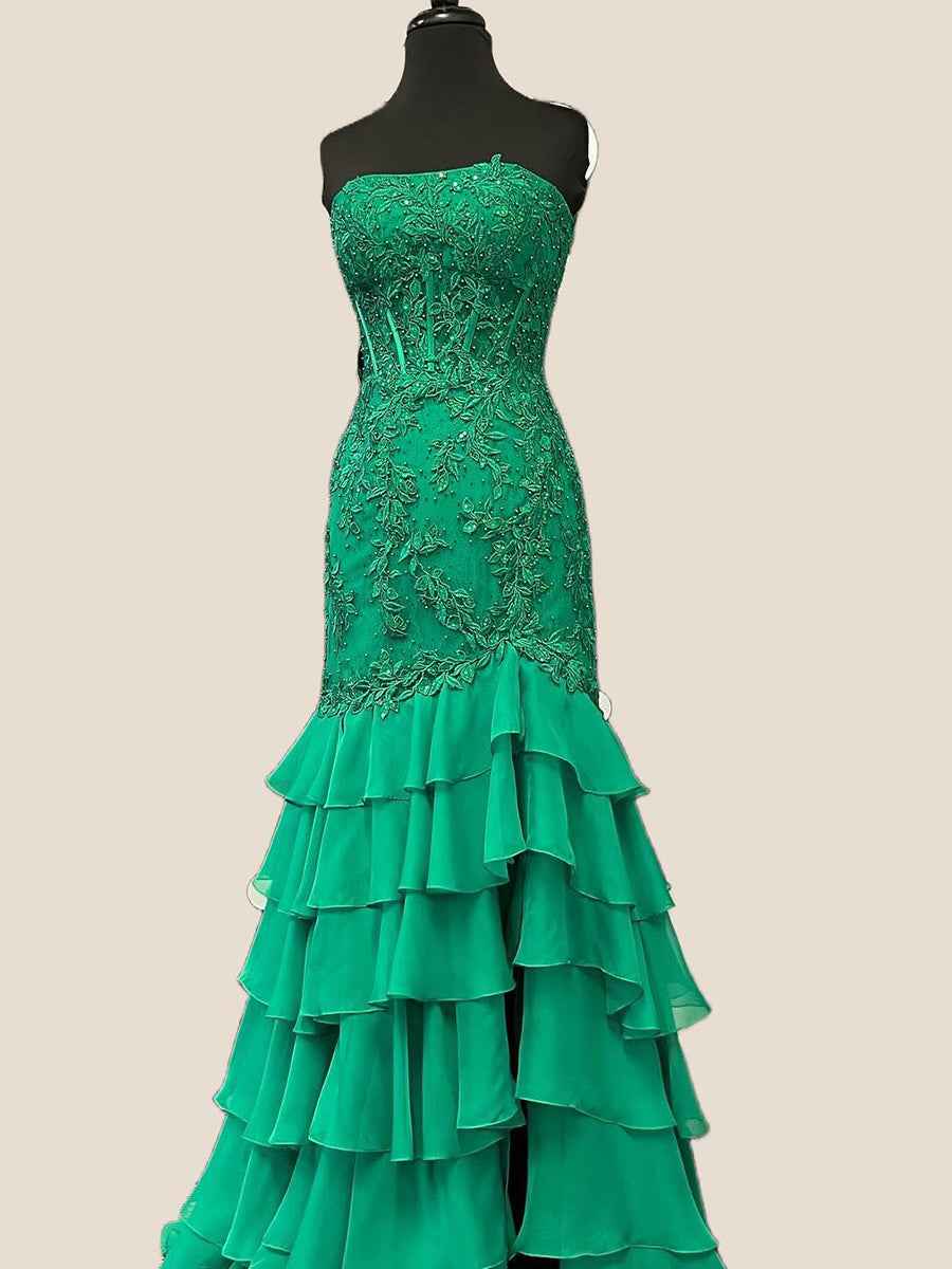 Strapless Applique Ruffle Mermaid Long Prom Dress with Slit