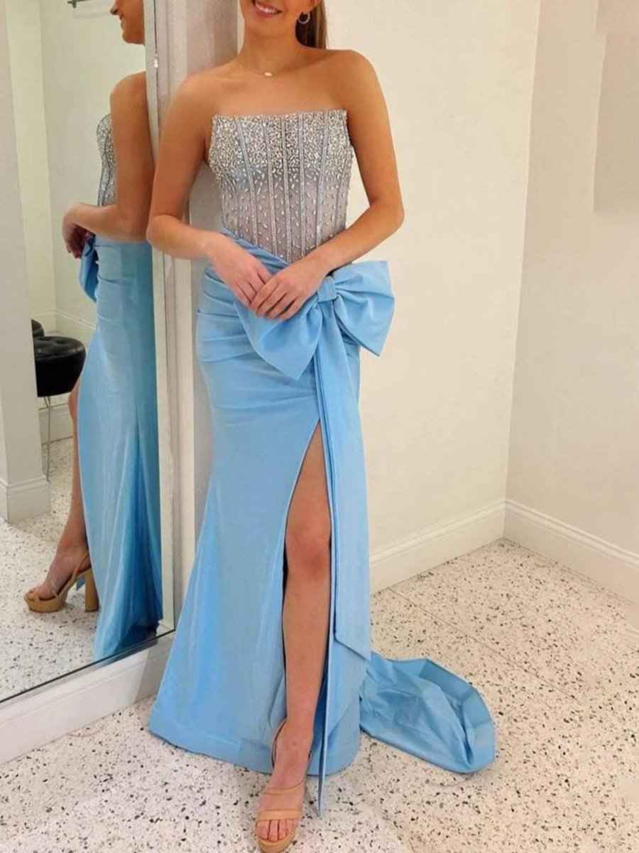 Strapless Mermaid Corset Side Bowknot Prom Dress with Slit