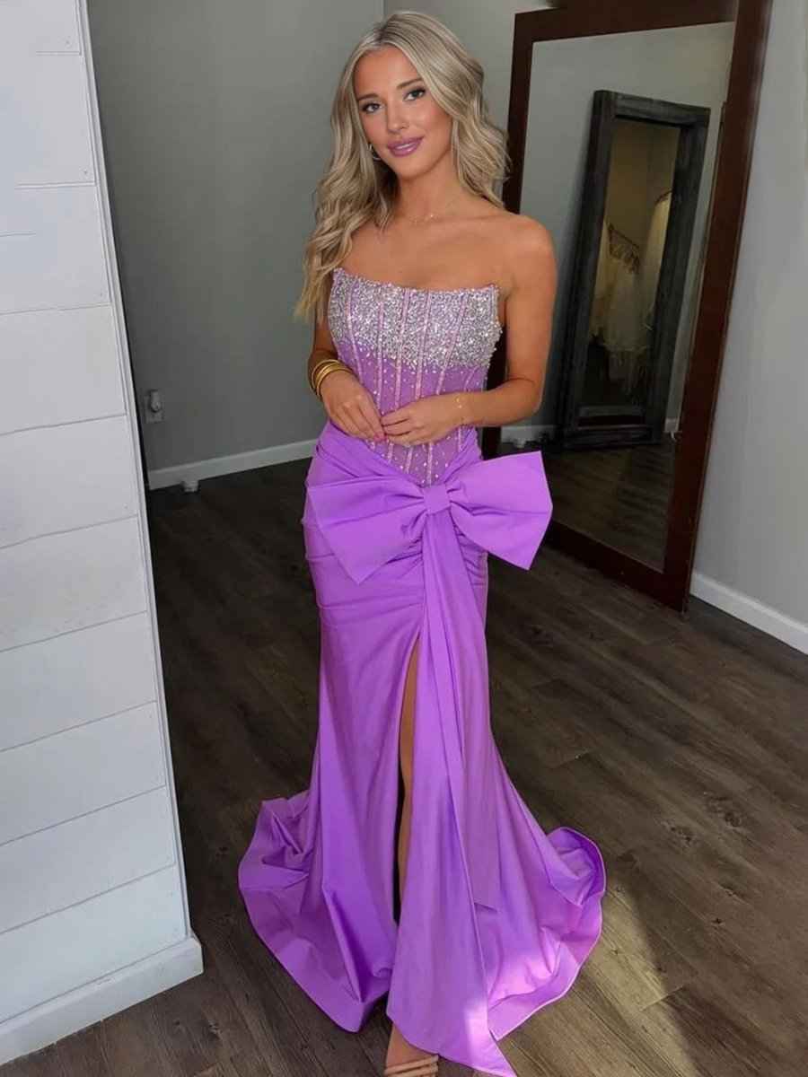 Strapless Mermaid Corset Side Bowknot Prom Dress with Slit