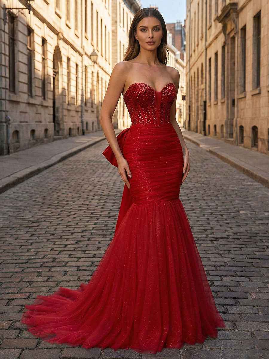 red corset mermaid dress Red | Embellished Sheer Corset Mermaid Gown with Spaghetti Straps & Tulle Train CDCM352