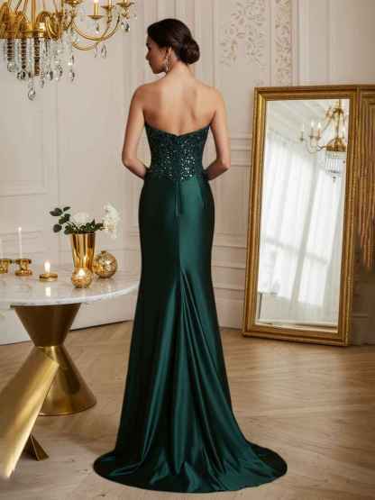 Strapless Mermaid Sequin Long Prom Dress with Slit