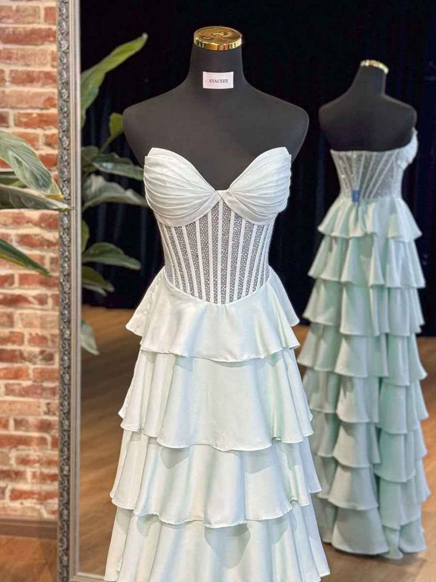 Strapless Pleated Corset Beaded Tiered Long Prom Dress