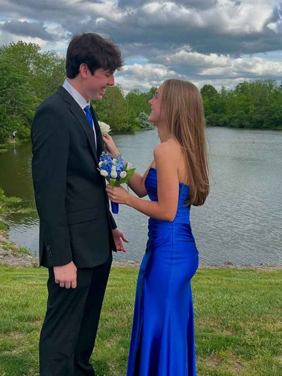 Strapless Pleated Satin Long Prom Dress with Slit