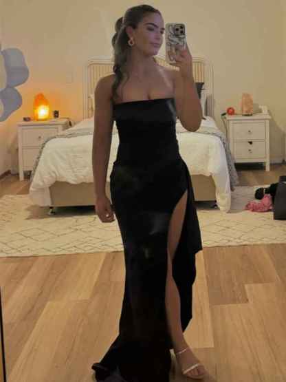 Strapless Ruched Long Prom Dress with Slit