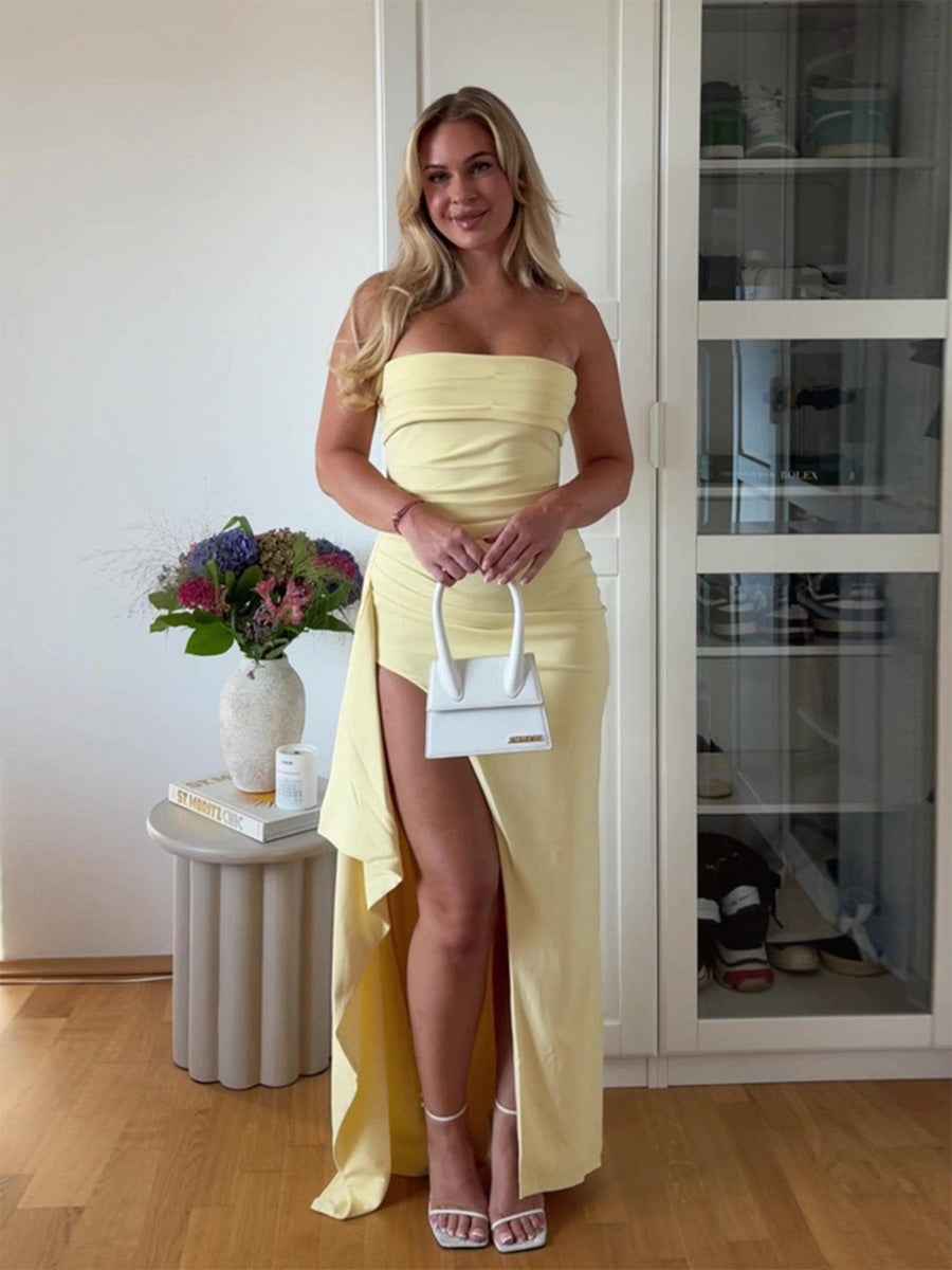 Strapless Ruched Long Prom Dress with Slit