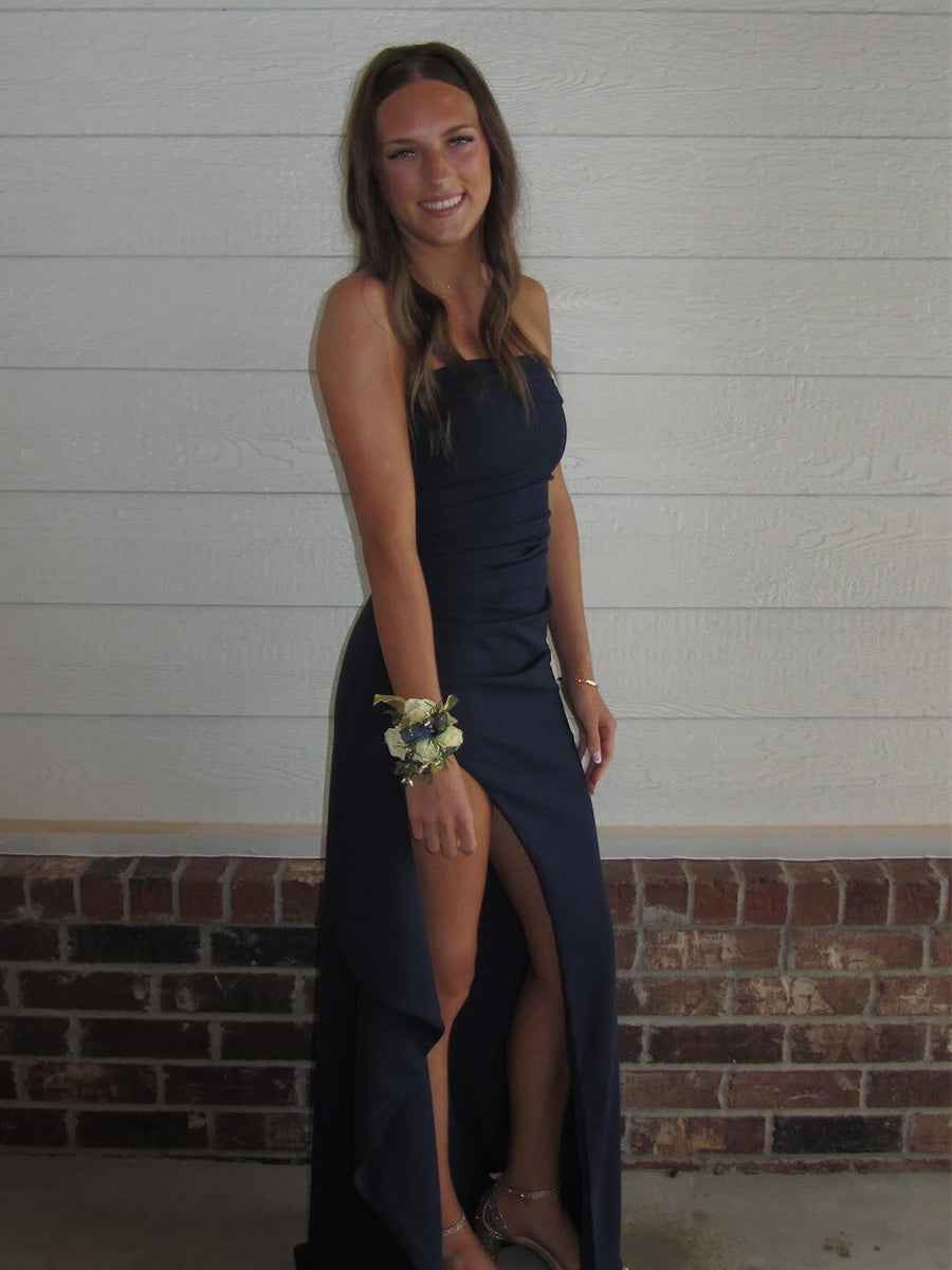 Strapless Ruched Long Prom Dress with Slit