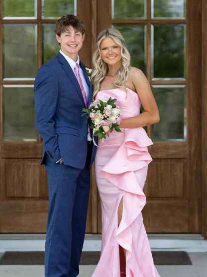 Strapless Ruffles Hem Long Prom Dress with Slit