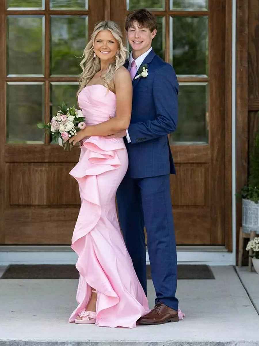 Strapless Ruffles Hem Long Prom Dress with Slit