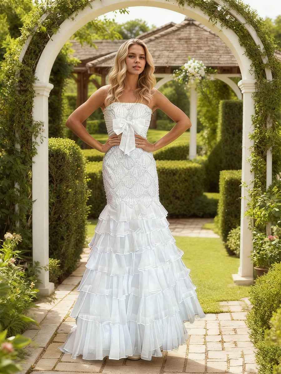 Strapless Scalloped Beaded Bodice Tiered Ruffle Prom Dress