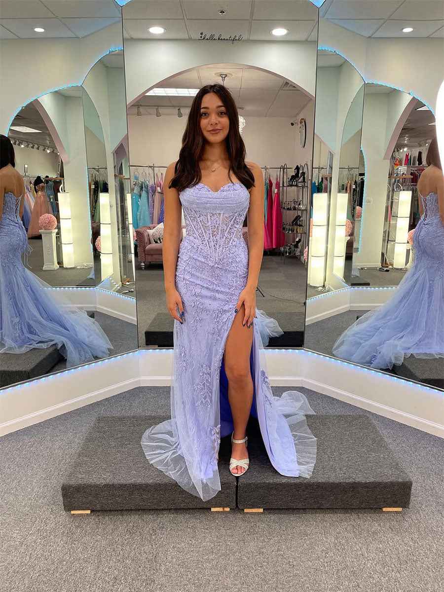 Strapless Sheer Corset Bodice Lace Prom Dress with High Slit