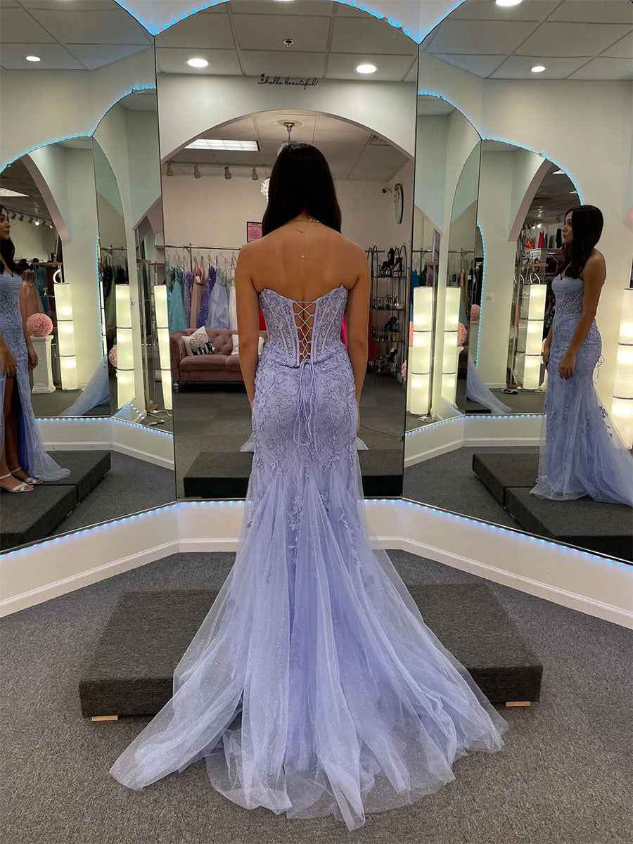 Strapless Sheer Corset Bodice Lace Prom Dress with High Slit