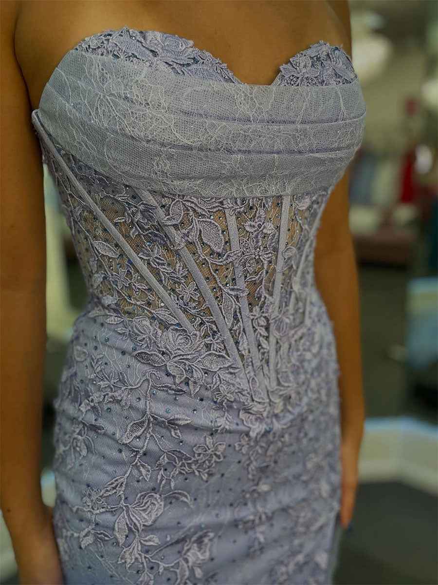 Strapless Sheer Corset Bodice Lace Prom Dress with High Slit