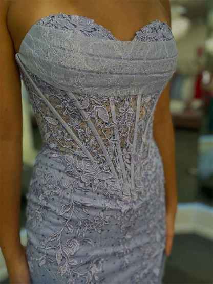 Strapless Sheer Corset Bodice Lace Prom Dress with High Slit