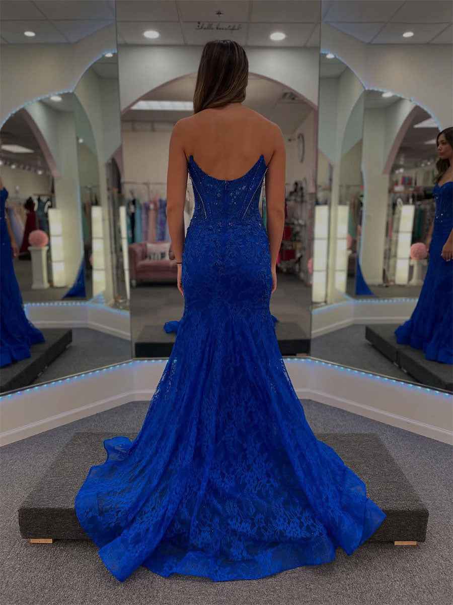 Strapless Sweetheart Corset Bodice Prom Dress with All-over Lace