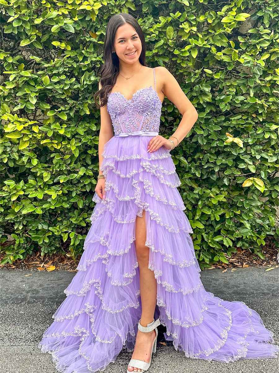 Straps Floral Sequined Multi-Tiered Long Prom Dress with Slit