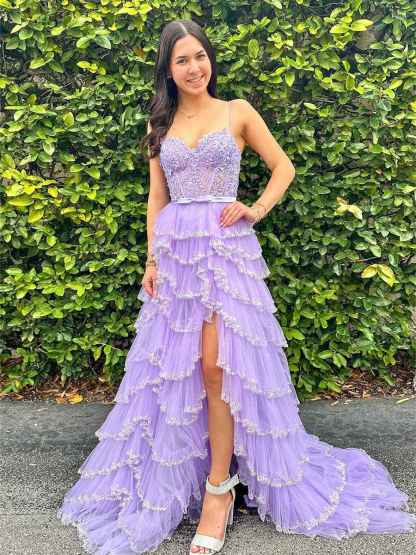 Straps Floral Sequined Multi-Tiered Long Prom Dress with Slit