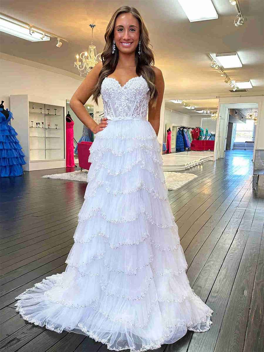 Straps Floral Sequined Multi-Tiered Long Prom Dress with Slit