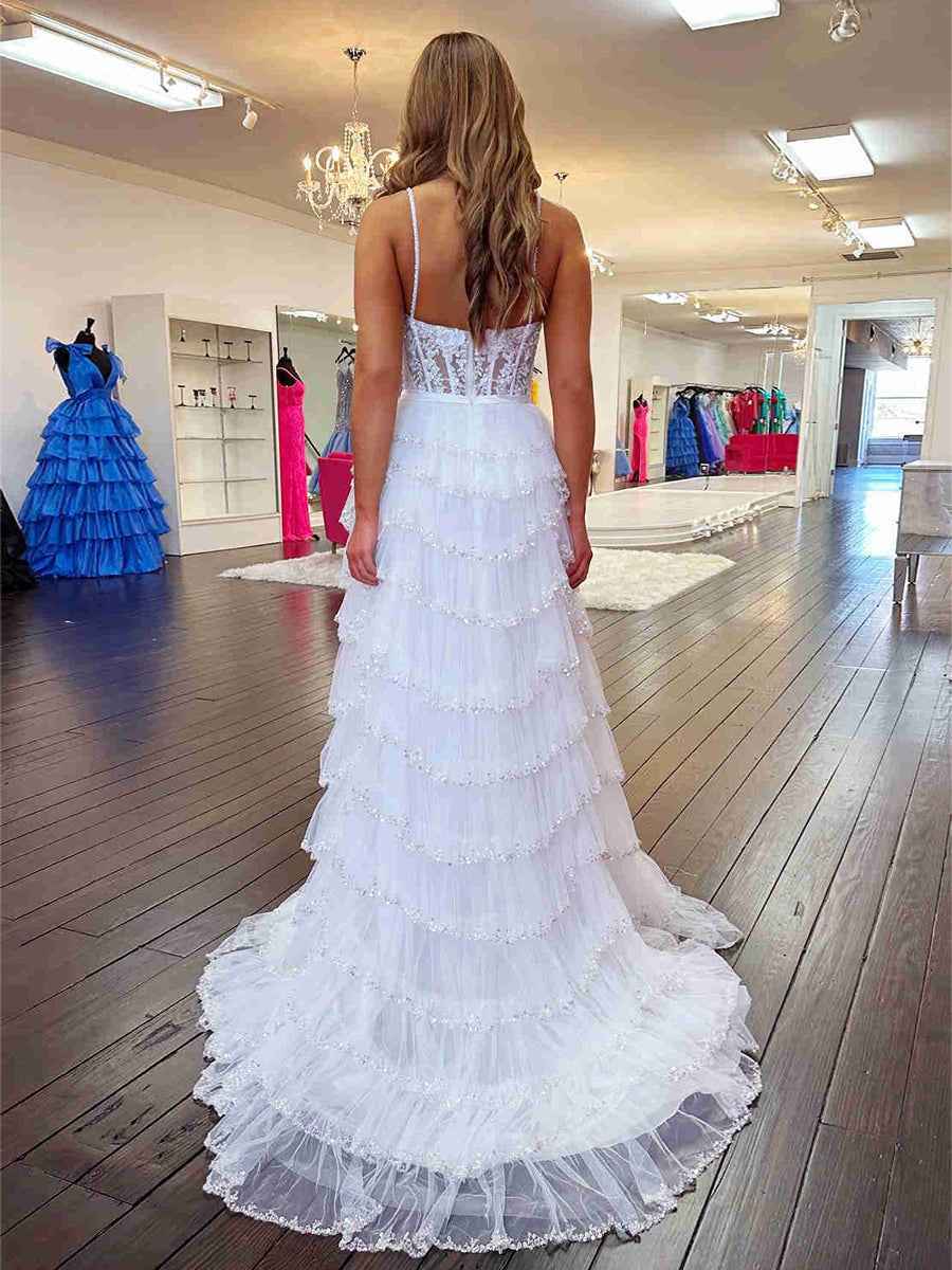 Straps Floral Sequined Multi-Tiered Long Prom Dress with Slit