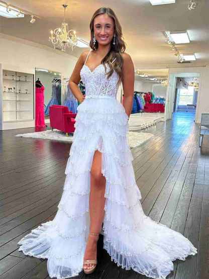 Straps Floral Sequined Multi-Tiered Long Prom Dress with Slit